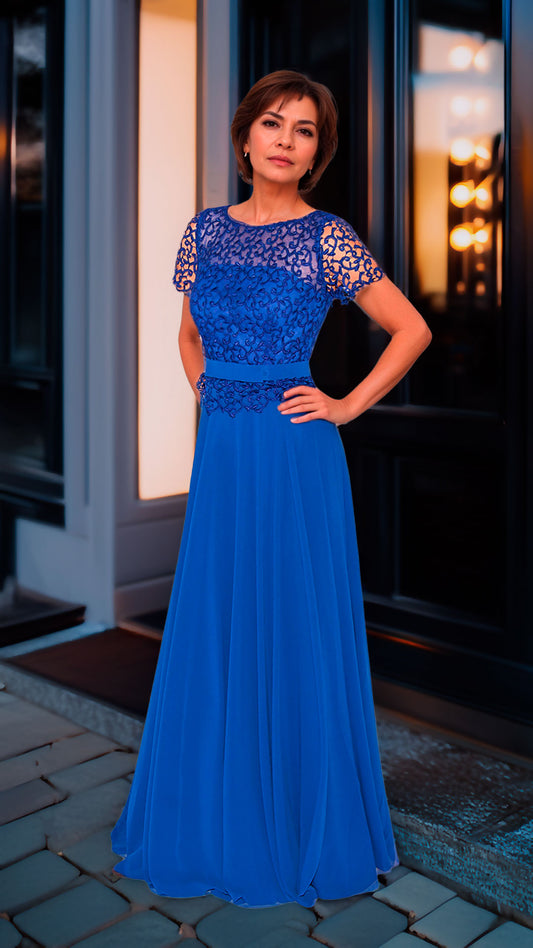 Vestido Largo Azul Rey Corte Princesa con Mangas Cortas y Falda de Chifón Talla S