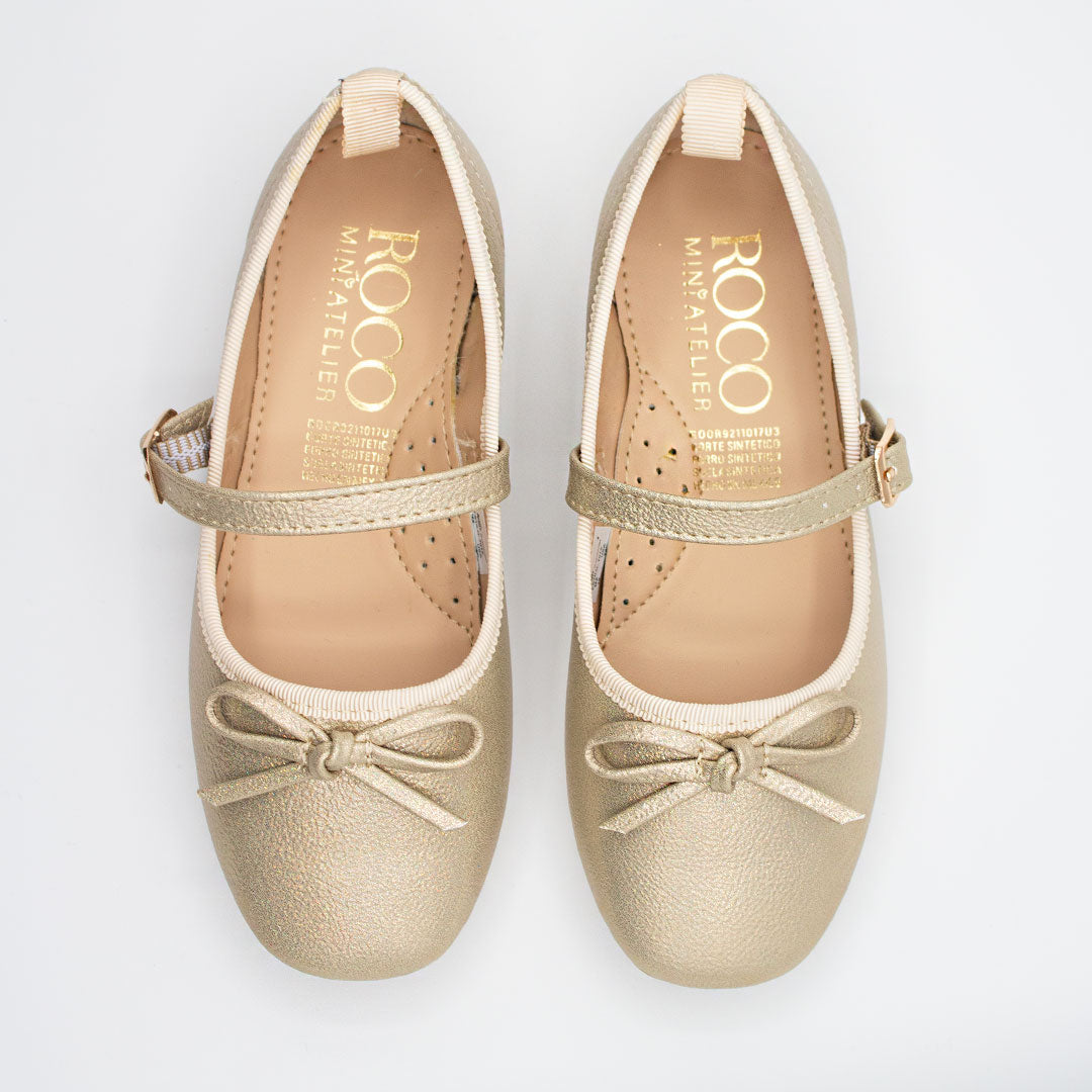 Zapatillas Oro Tornasol con Moño y Correa para Niña Tallas 15-26