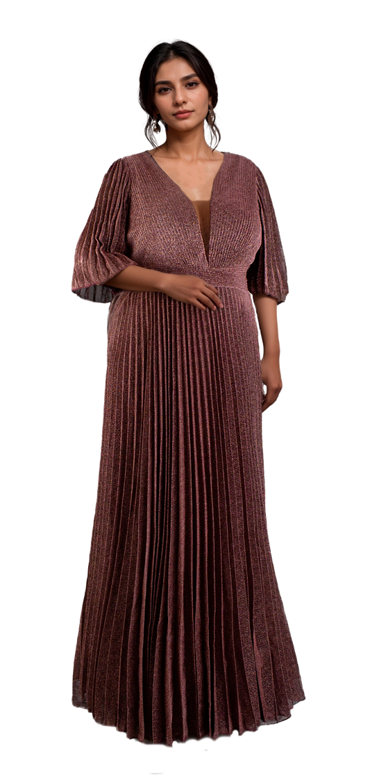 Vestido Color Uva Tallas Extra con Escote en V, Manga 3/4 Plisada y Detalles Plateados Tallas XL-3XL