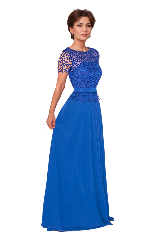 Vestido Largo Azul Rey Corte Princesa con Mangas Cortas y Falda de Chifón Talla S