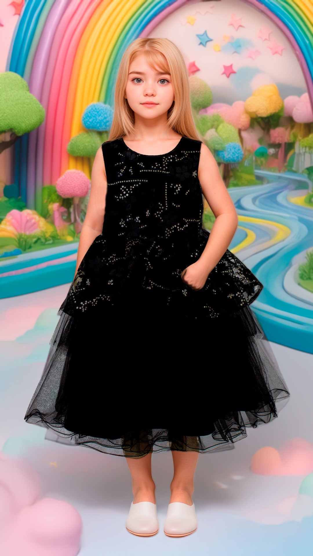 Vestido Infantil Negro Sin Mangas con Flores 3D Tallas 2-12