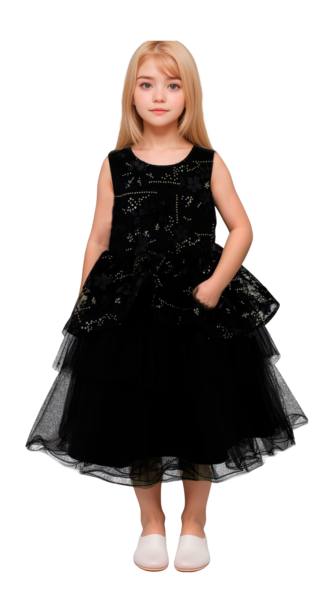 Vestido Infantil Negro Sin Mangas con Flores 3D Tallas 2-12
