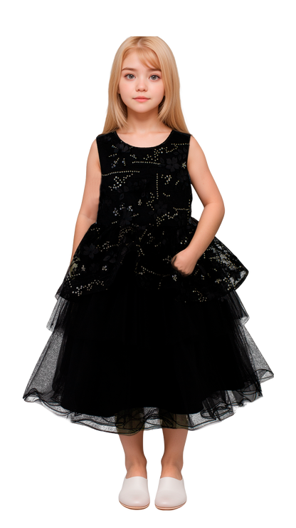 Vestido Infantil Negro Sin Mangas con Flores 3D Tallas 2-12