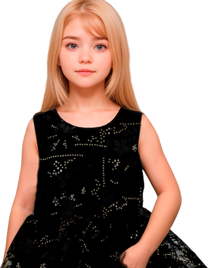 Vestido Infantil Negro Sin Mangas con Flores 3D Tallas 2-12