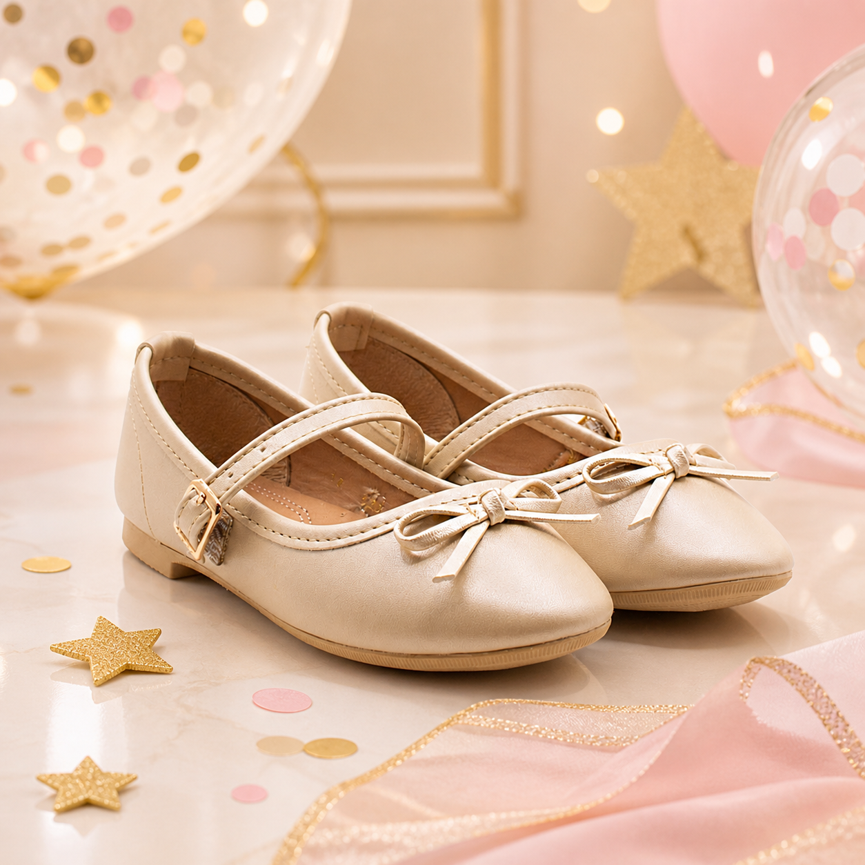Bailarinas Infantiles Beige con Moño y Correa | Niña