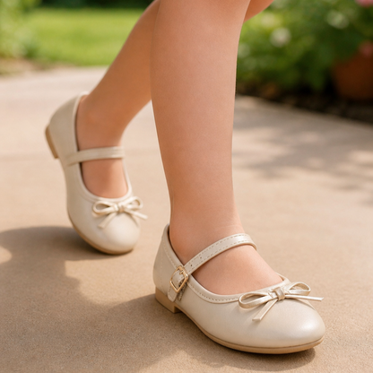 Bailarinas Infantiles Beige con Moño y Correa | Niña
