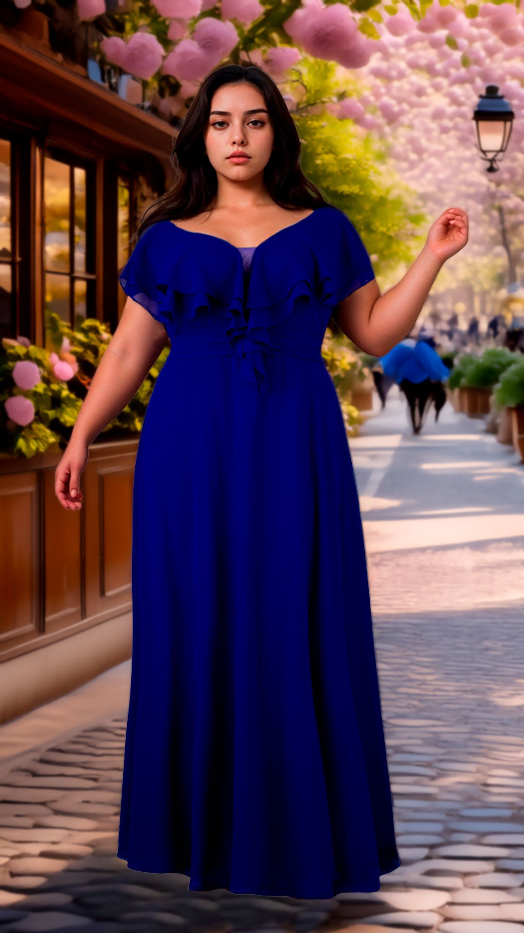 Vestido Azul Rey Chiffon Hombros Descubiertos Línea A Tallas Extra 1XL-3XL