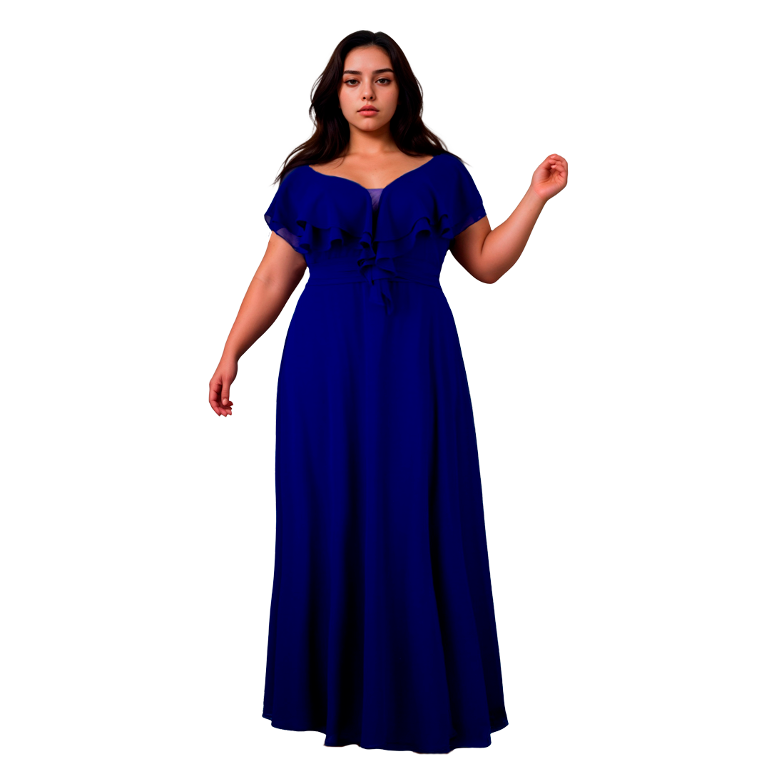 Vestido Azul Rey Chiffon Hombros Descubiertos Línea A Tallas Extra 1XL-3XL