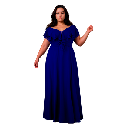 Vestido Azul Rey Chiffon Hombros Descubiertos Línea A Tallas Extra 1XL-3XL