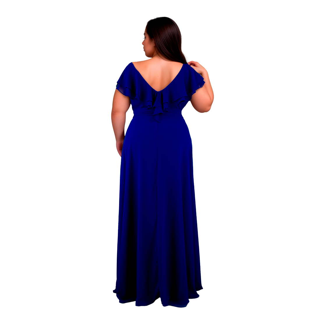 Vestido Azul Rey Chiffon Hombros Descubiertos Línea A Tallas Extra 1XL-3XL