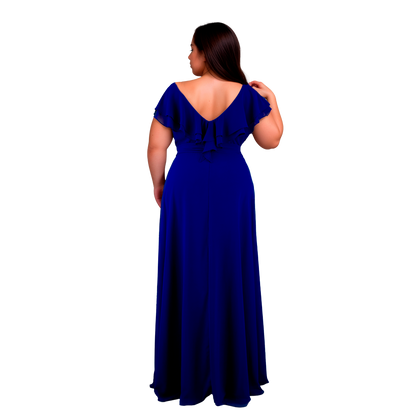 Vestido Azul Rey Chiffon Hombros Descubiertos Línea A Tallas Extra 1XL-3XL