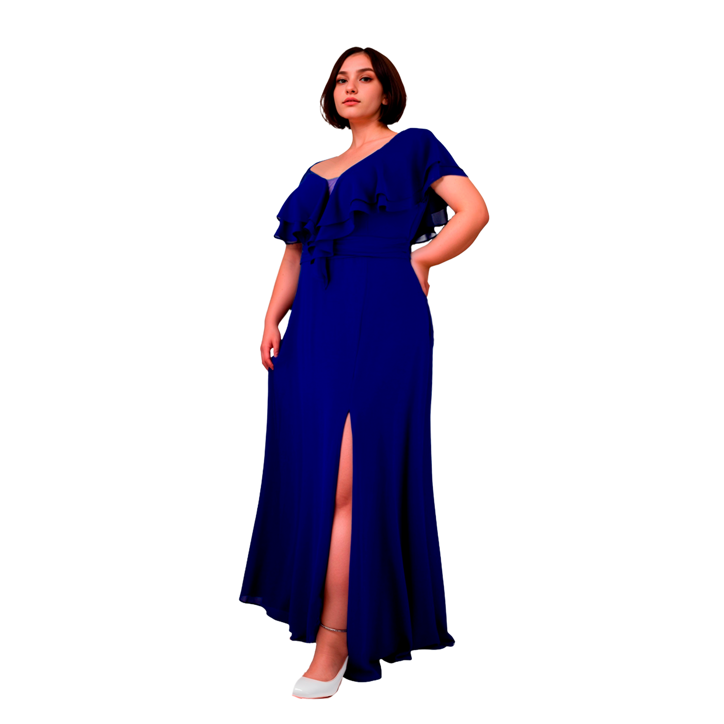 Vestido Azul Rey Chiffon Hombros Descubiertos Línea A Tallas Extra 1XL-3XL