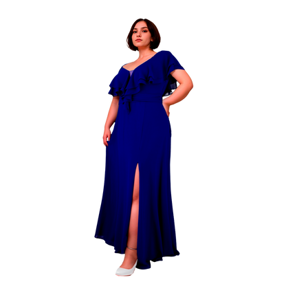 Vestido Azul Rey Chiffon Hombros Descubiertos Línea A Tallas Extra 1XL-3XL