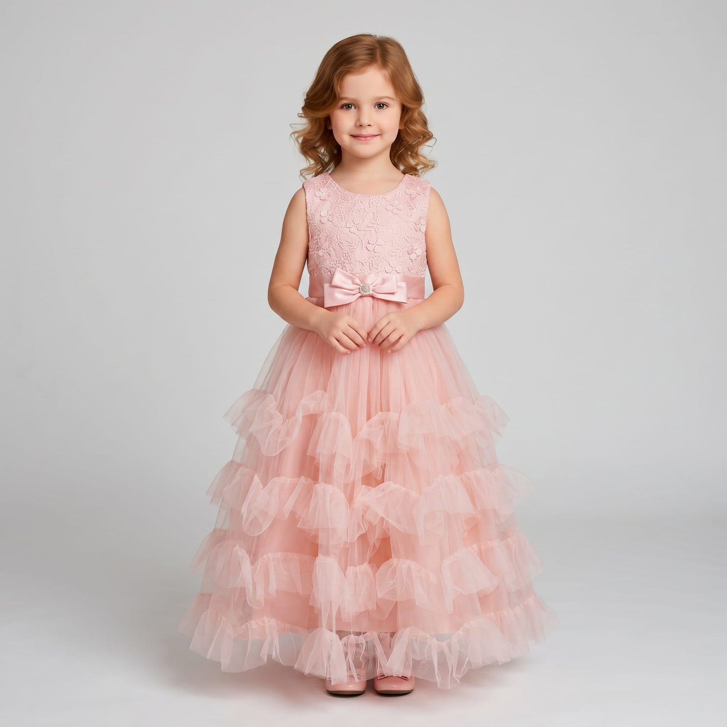 Vestido de Tul Blush con Guipur y Volantes para Niña Tallas 120-160