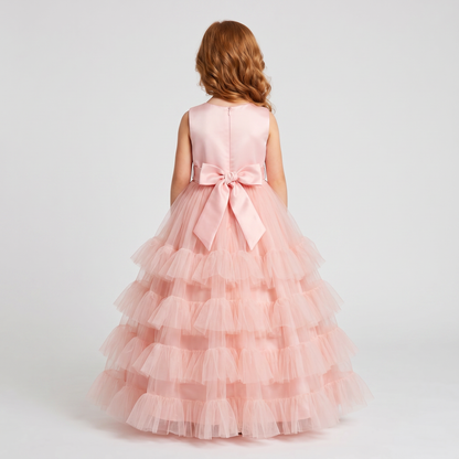 Vestido de Tul Blush con Guipur y Volantes para Niña Tallas 120-160