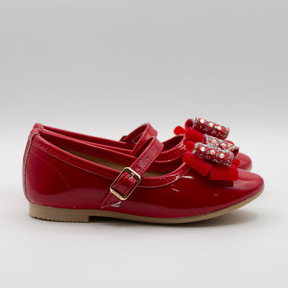 Zapatos de Charol Rojo con Moño de Piedras para Niña | Tallas 13-26