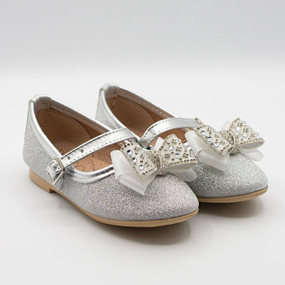 Zapatillas Plateadas con Moño de Piedras y Glitter para Niña Tallas 13-26