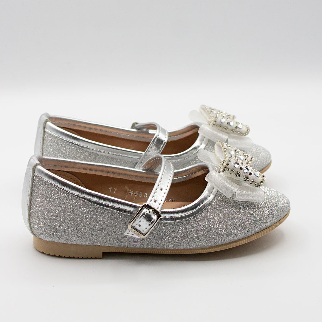 Zapatillas Plateadas con Moño de Piedras y Glitter para Niña Tallas 13-26