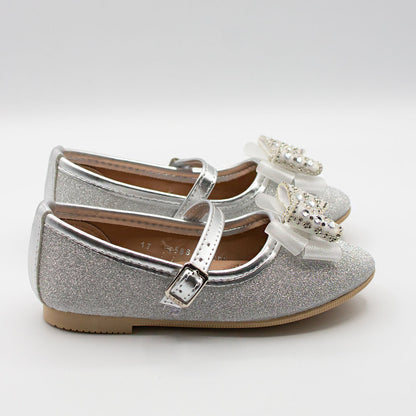 Zapatillas Plateadas con Moño de Piedras y Glitter para Niña Tallas 13-26