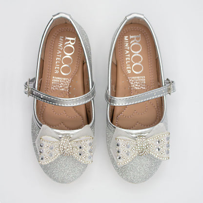 Zapatillas Plateadas con Moño de Piedras y Glitter para Niña Tallas 13-26