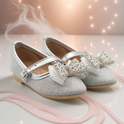 Zapatillas Plateadas con Moño de Piedras y Glitter para Niña Tallas 13-26