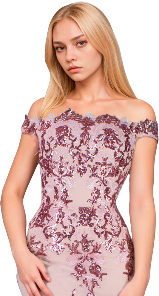 Vestido Rosa Corte Sirena con Hombros Descubiertos y Bordado Delicado Tallas S-L