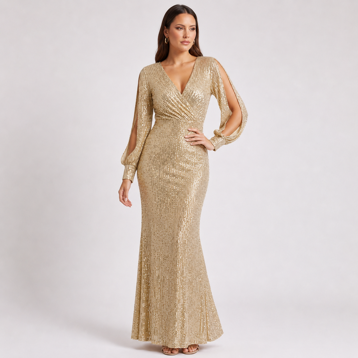 Sequin Plunge V-Neck Long Sleeve Mermaid Pink Dress Sizes S-L
