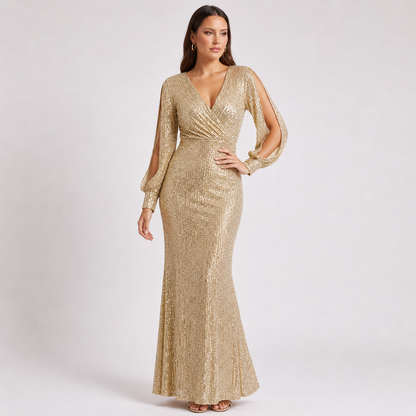 Sequin Plunge V-Neck Long Sleeve Mermaid Pink Dress Sizes S-L