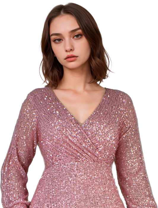 Vestido Rosa Sirena de Manga Larga con Lentejuelas y Escote Profundo Tallas S-L