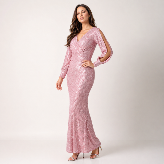 Sequin Plunge V-Neck Long Sleeve Mermaid Pink Dress Sizes S-L