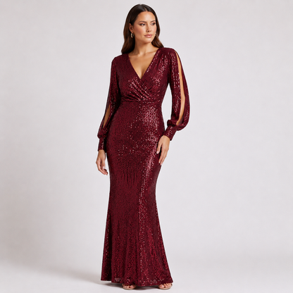 Sequin Plunge V-Neck Long Sleeve Mermaid Pink Dress Sizes S-L