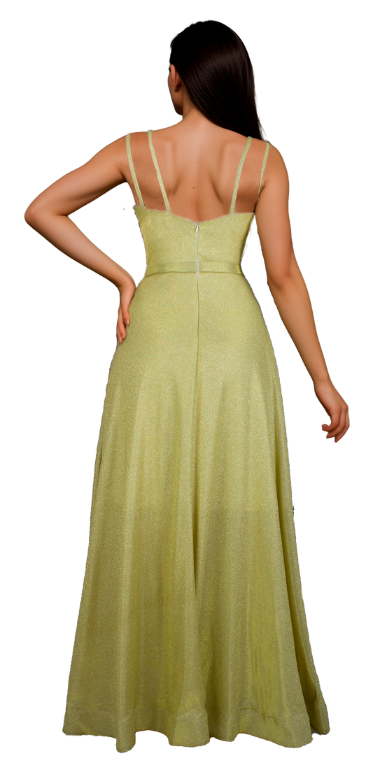 Vestido Dorado Escote en V Corte Princesa con Glitter Plateado y Abertura en Pierna Tallas S-L