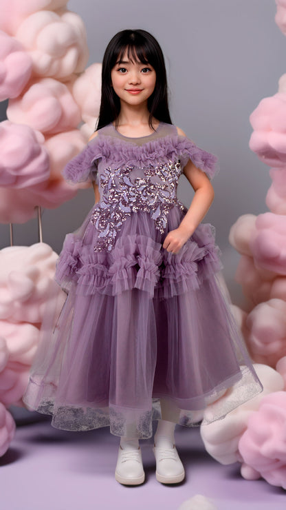 Vestido Infantil Lila Tul Hombros al Aire con Lentejuelas Tallas 110-150
