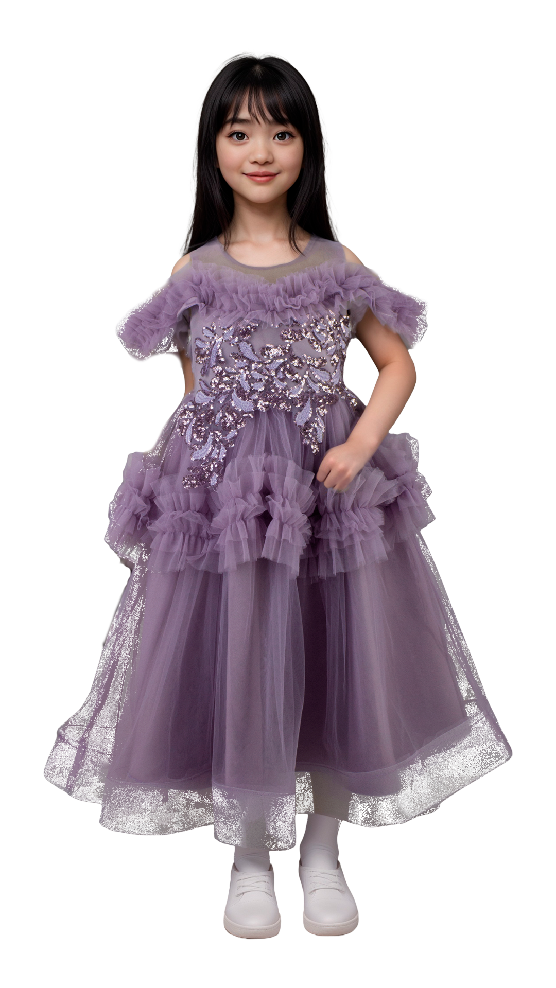 Vestido Infantil Lila Tul Hombros al Aire con Lentejuelas Tallas 110-150