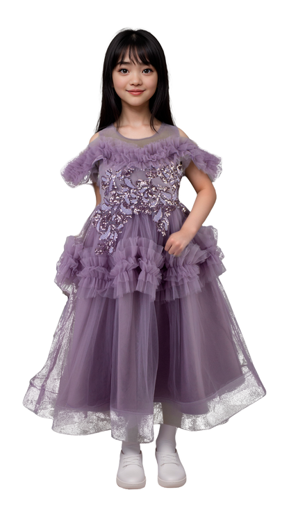 Vestido Infantil Lila Tul Hombros al Aire con Lentejuelas Tallas 110-150