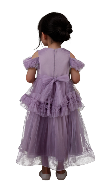 Vestido Infantil Lila Tul Hombros al Aire con Lentejuelas Tallas 110-150