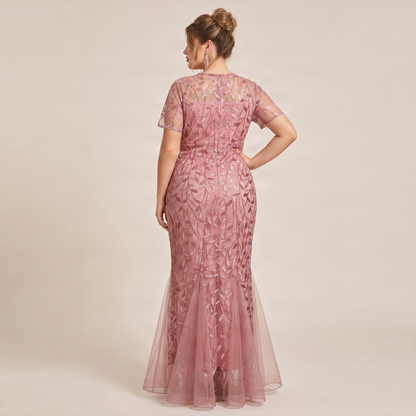 Vestido Coral Tul Bordado Floral Lentejuela | Corte Sirena | Tallas Extras