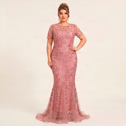 Vestido Coral Tul Bordado Floral Lentejuela | Corte Sirena | Tallas Extras