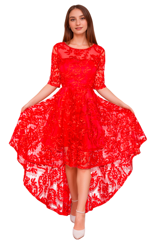 Vestido de Cóctel Rojo Intenso con Manga 3/4, Escote Redondo y Falda Circular Asimétrica Talla S