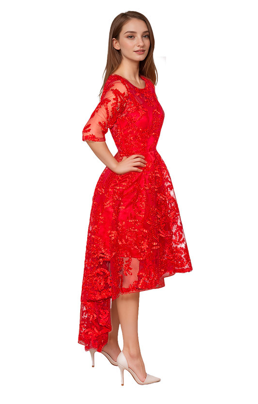 Vestido de Cóctel Rojo Intenso con Manga 3/4, Escote Redondo y Falda Circular Asimétrica Talla S