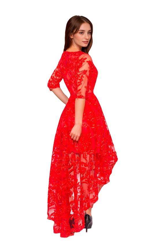Vestido de Cóctel Rojo Intenso con Manga 3/4, Escote Redondo y Falda Circular Asimétrica Talla S