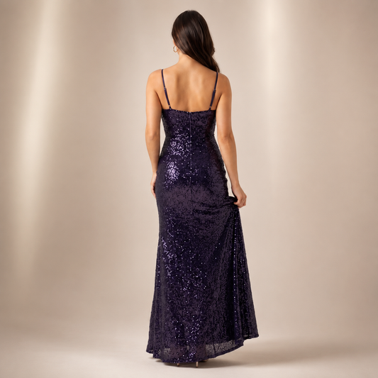 Navy Blue Fitted Sequin V-Neck Dress with Side Slit Sizes S-L