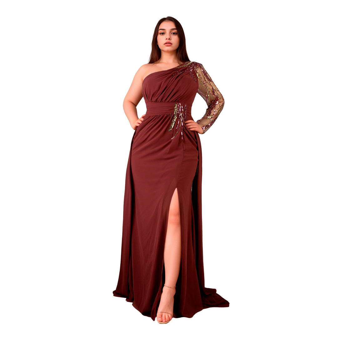 Vestido Asimétrico Terracota Sirena Manga Larga con Bordados Tallas S-XL