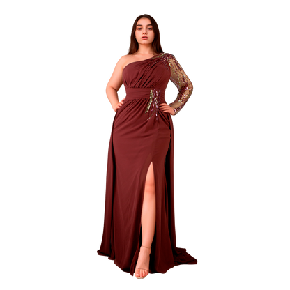 Vestido Asimétrico Terracota Sirena Manga Larga con Bordados Tallas S-XL