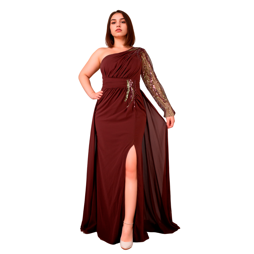 Vestido Asimétrico Terracota Sirena Manga Larga con Bordados Tallas S-XL