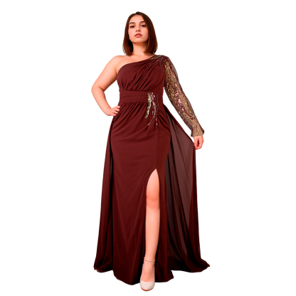 Vestido Asimétrico Terracota Sirena Manga Larga con Bordados Tallas S-XL