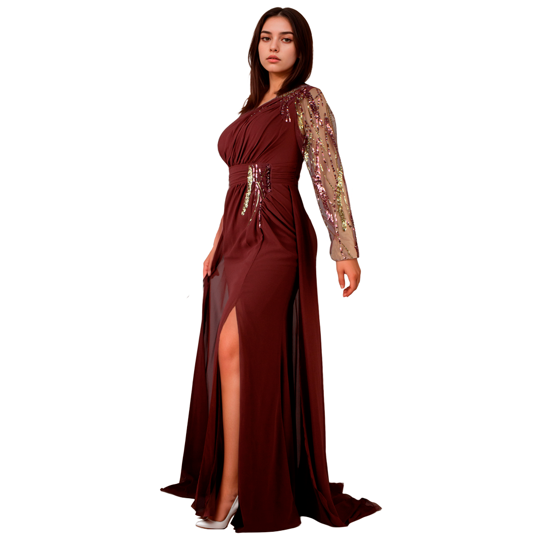 Vestido Asimétrico Terracota Sirena Manga Larga con Bordados Tallas S-XL