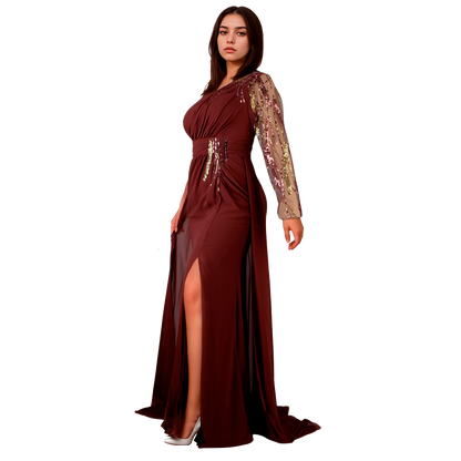 Vestido Asimétrico Terracota Sirena Manga Larga con Bordados Tallas S-XL