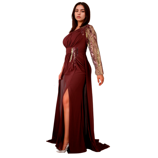 Vestido Asimétrico Terracota Sirena Manga Larga con Bordados Tallas S-XL