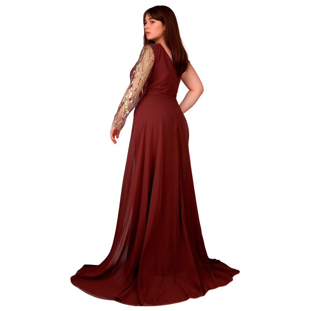 Vestido Asimétrico Terracota Sirena Manga Larga con Bordados Tallas S-XL